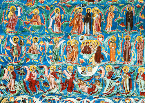 Colorful mural of prophets inside Romania Moldovita Monastery